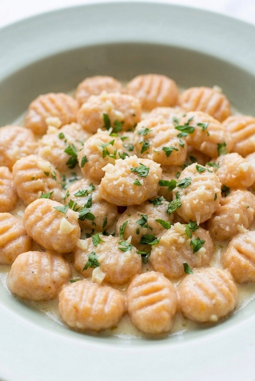 sweet potato gnocchi with creamy garlic parmesan sauce served