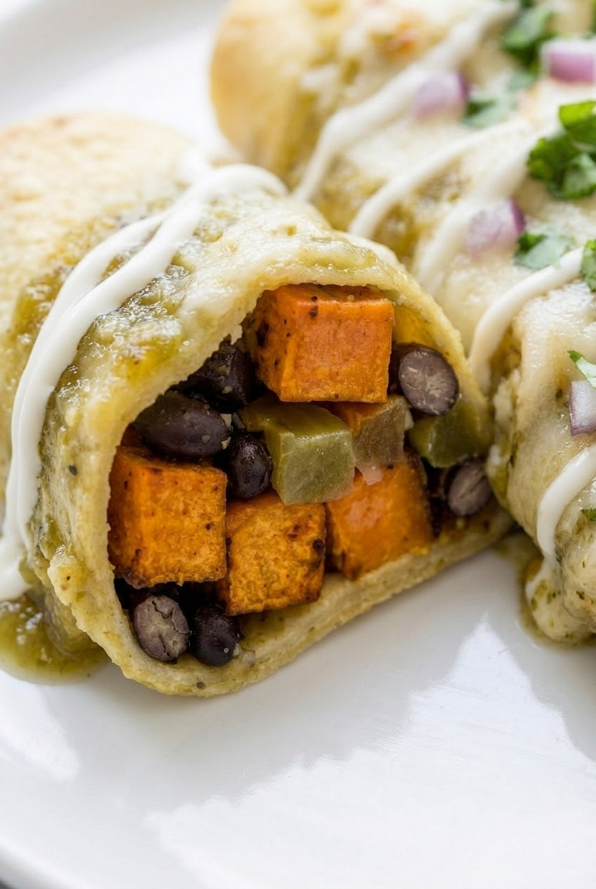 sweet potato green chile enchiladas verdes close up