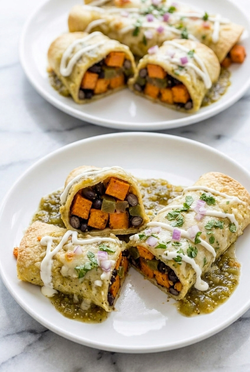 sweet potato green chile enchiladas verdes dinner scene