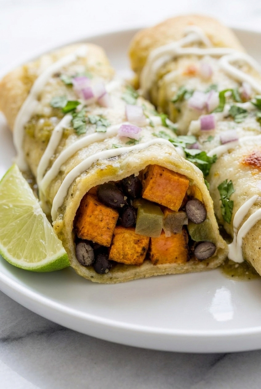 sweet potato green chile enchiladas verdes side view