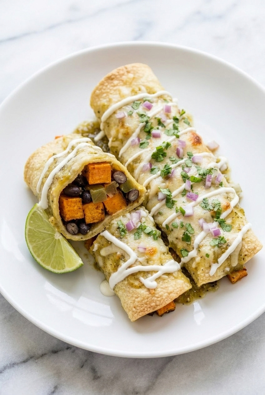 sweet potato green chile enchiladas verdes served
