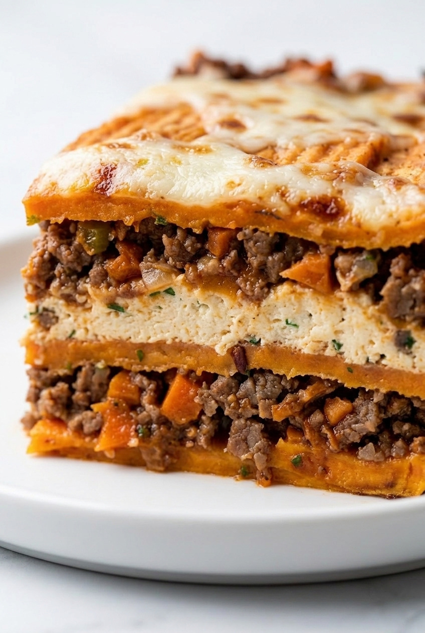 sweet potato lasagna with beef bolognese close up
