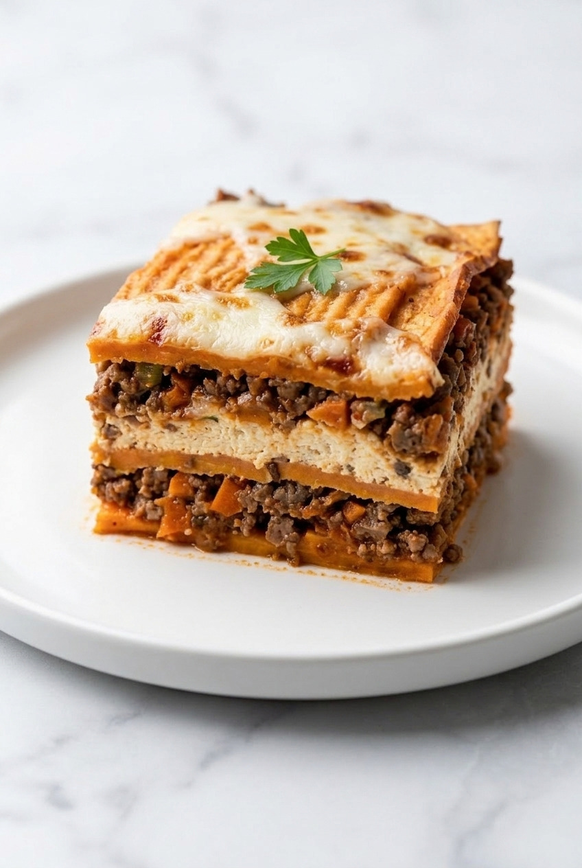 sweet potato lasagna with beef bolognese side view