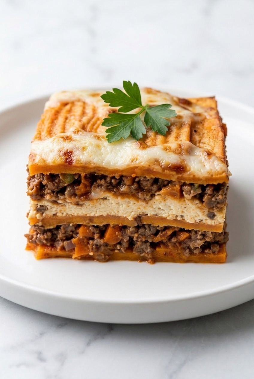 sweet potato lasagna with beef bolognese served