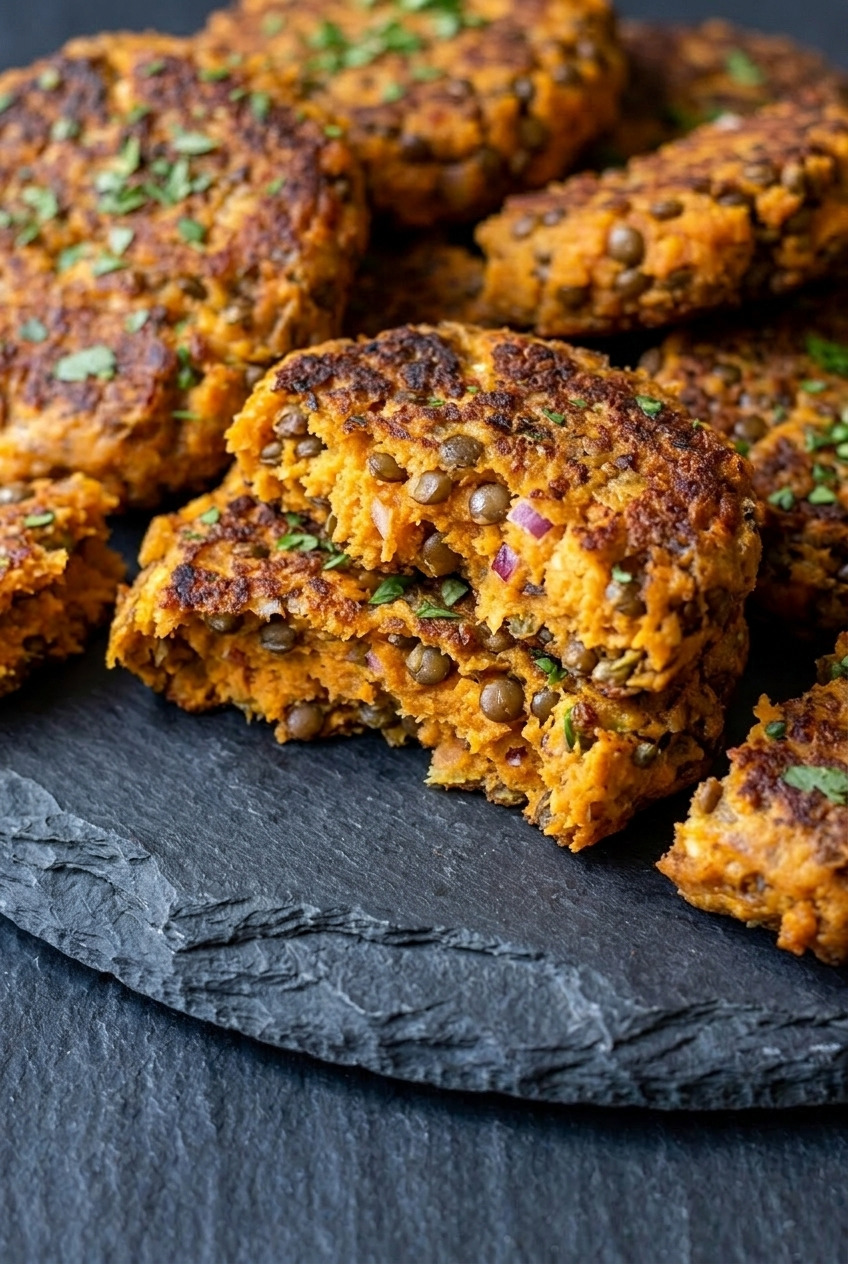 sweet potato lentil burgers close up