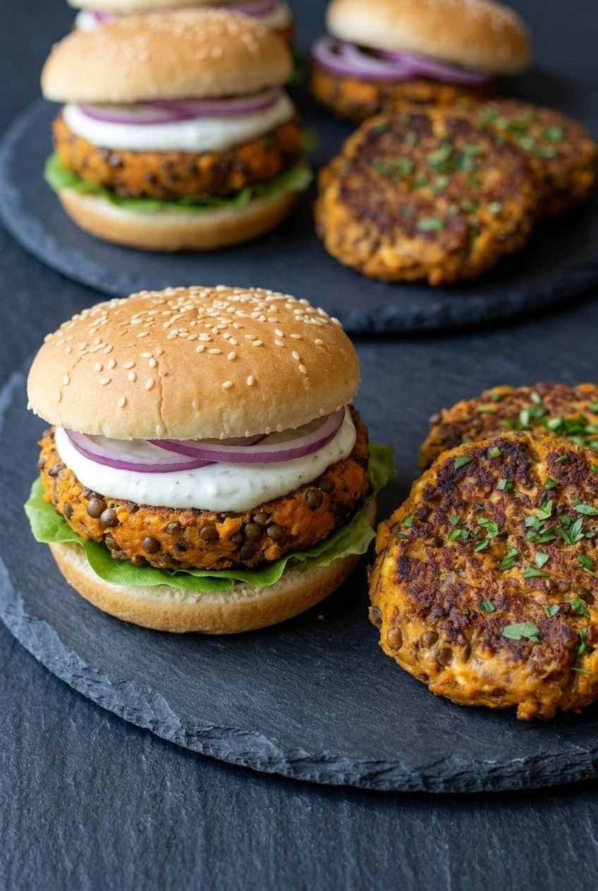 sweet potato lentil burgers dinner scene