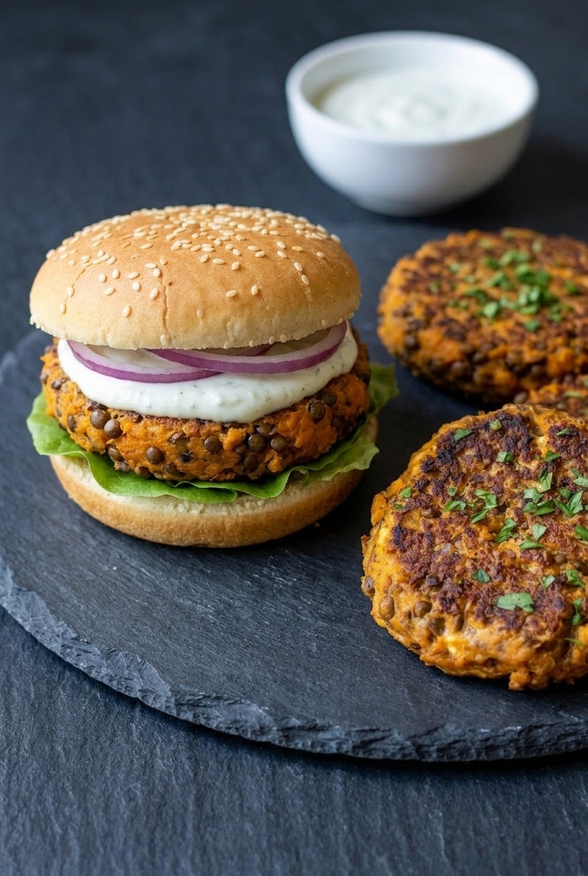 sweet potato lentil burgers side view