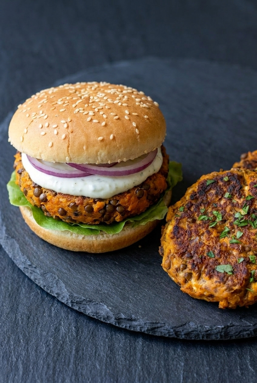 sweet potato lentil burgers served