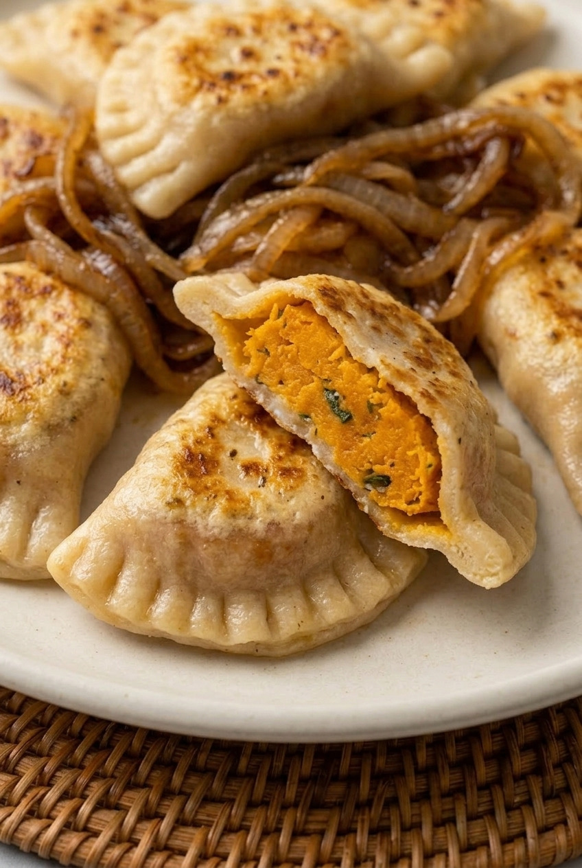 sweet potato pierogi with caramelized onions close up