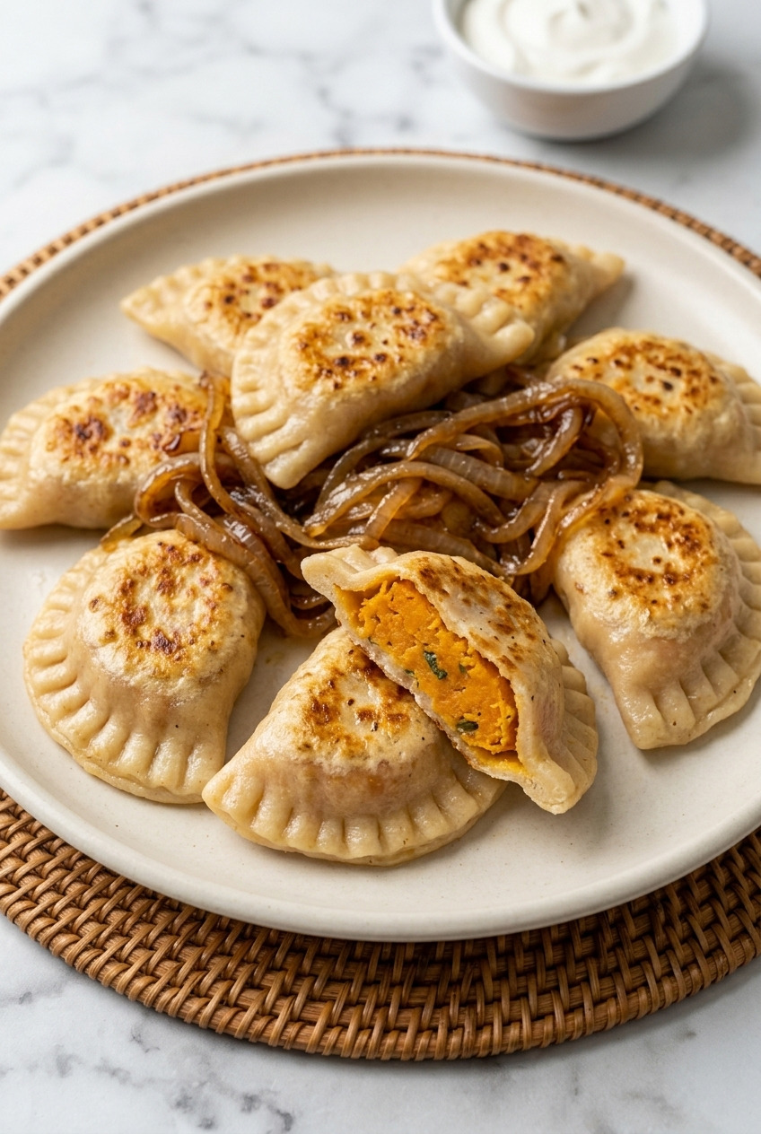 sweet potato pierogi with caramelized onions