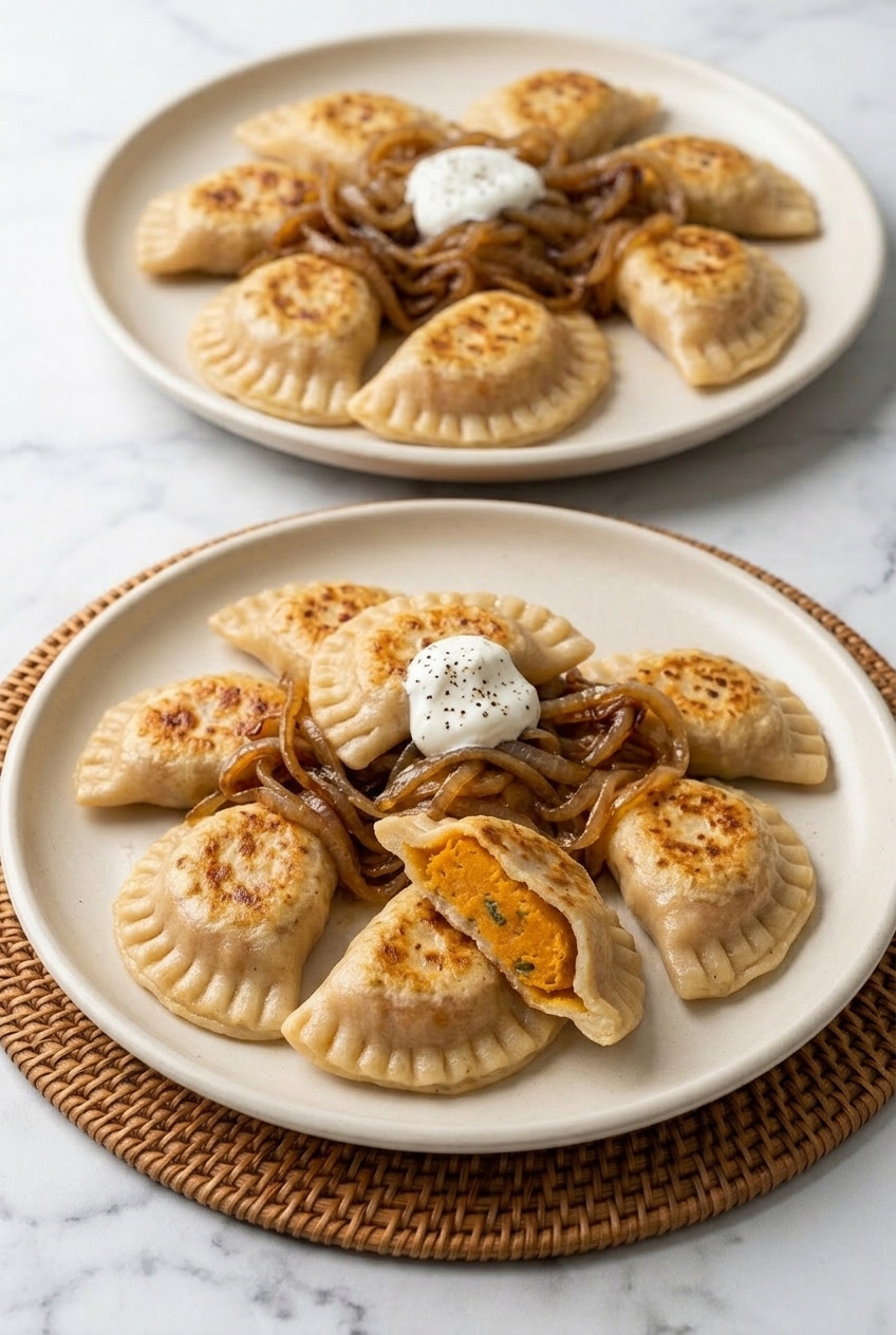 sweet potato pierogi with caramelized onions dinner scene