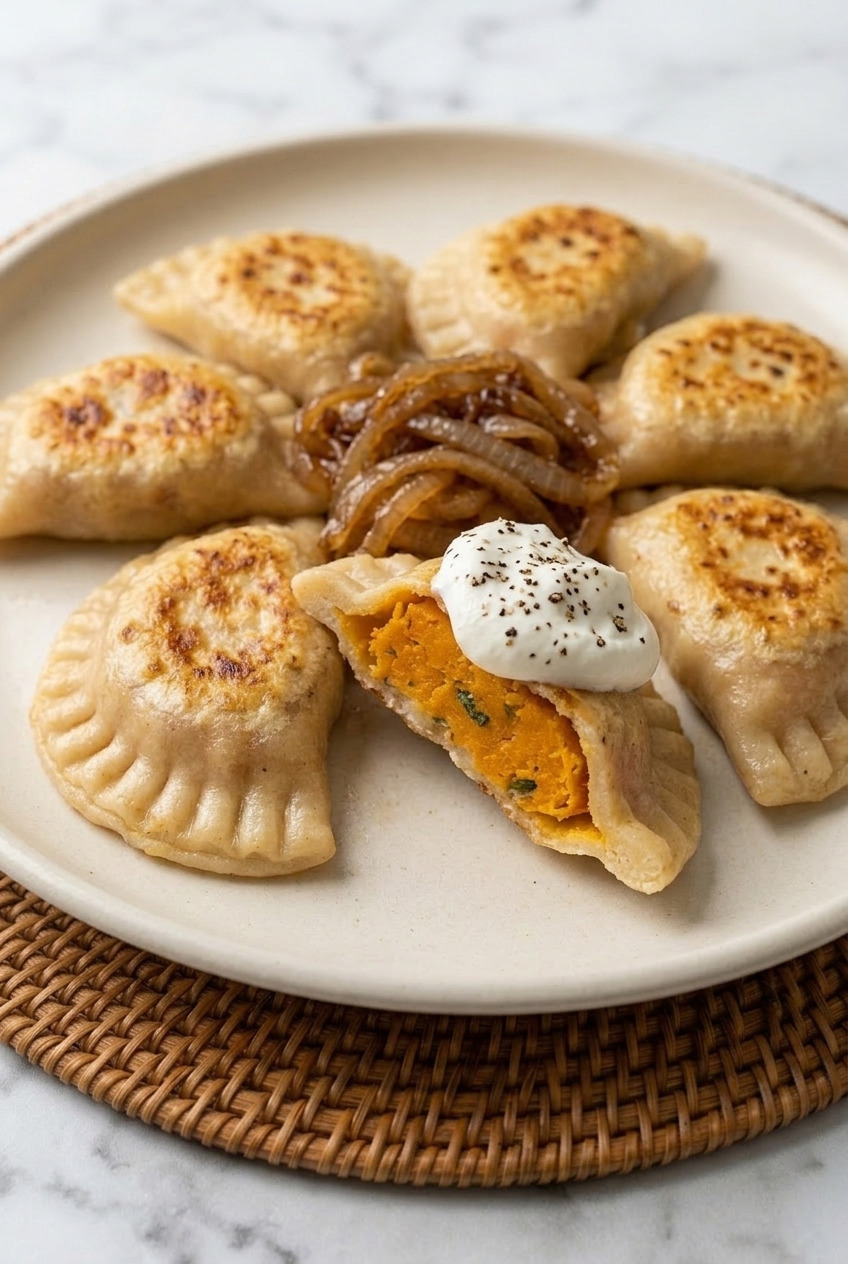 sweet potato pierogi with caramelized onions side view