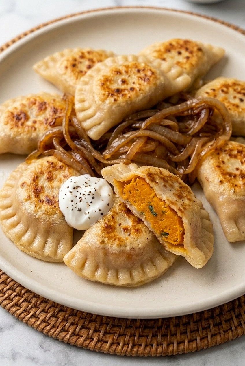 sweet potato pierogi with caramelized onions served