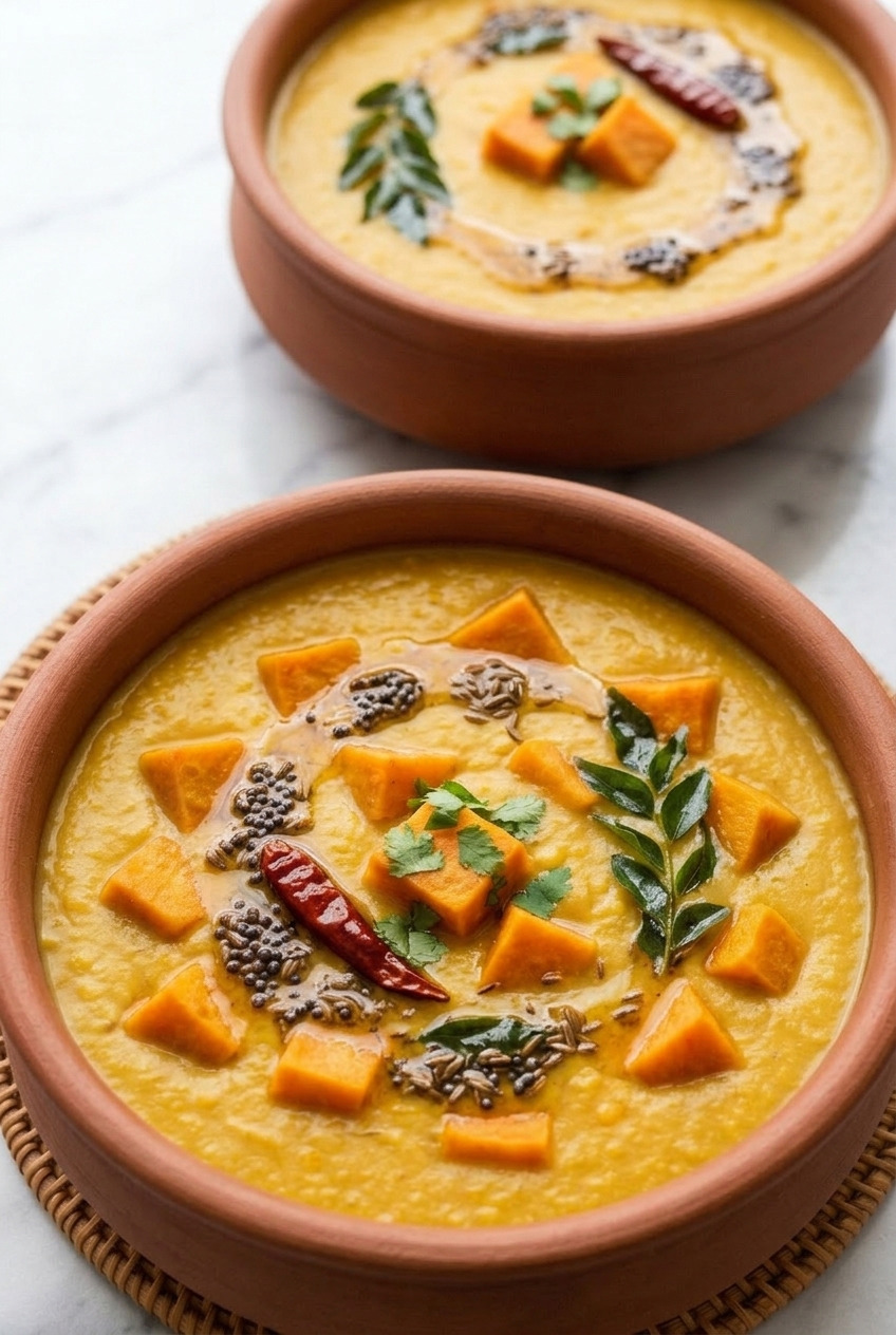 sweet potato red lentil dal dinner scene